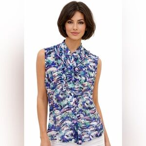 Tahari Arthur S Levine Petite Large Ruffle Blouse Abstract Watercolor Sleeveless